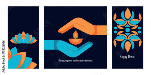 Set of three modern, vertical Diwali greetings featuring abstract geometric lotus flower illustrations and hands protecting the light of a diya on a dark blue background.