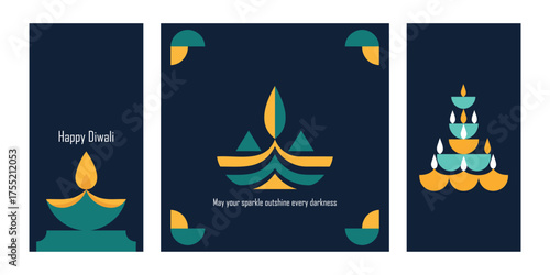 Set of three modern, vertical Diwali greetings featuring highly abstract and geometric illustrations of diya oil lamps and a traditional tiered stack on a dark blue background.