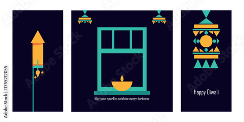 Set of three abstract, modern vertical Diwali greetings featuring geometric firecracker, diya in a window, and traditional lantern illustrations on a dark blue background.