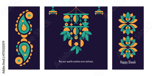 Set of three abstract, modern vertical Diwali greetings featuring bold, geometric interpretations of traditional Indian paisley, toran, and floral motifs on a deep indigo background.