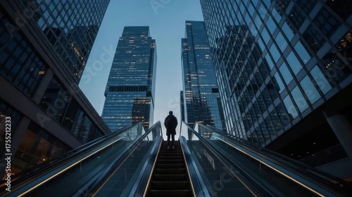 A lone figure ascends an escalator towards towering skyscrapers under a twilight sky in an urban setting