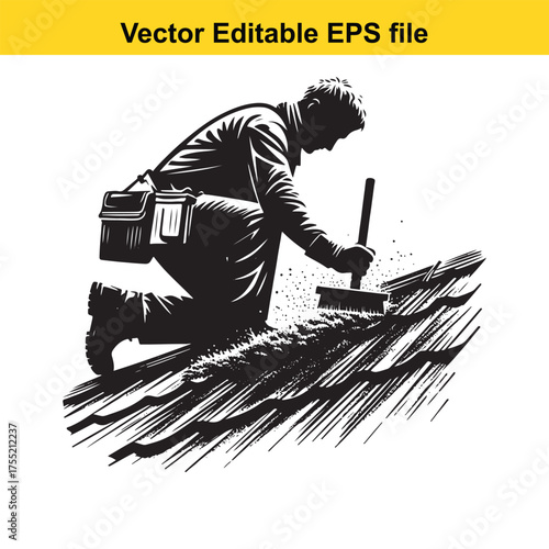 Vector art of black and white illustration of a roofer cleaning a roof