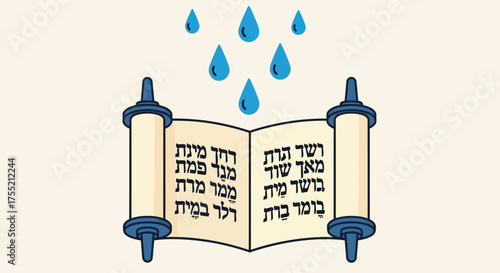 An open Torah scroll with Hebrew text and blue raindrops falling on it, symbolizing divine blessing.
