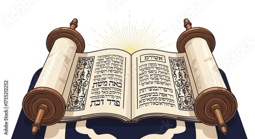 An open Torah scroll with Hebrew text, wooden rollers, and a radiant light in the background.