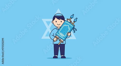 A young Jewish boy wearing a kippah holds a Torah scroll with a Star of David in the background.