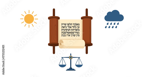 A conceptual image showing a Torah scroll flanked by a sun, a rain cloud, and a balance scale, symbolizing religious law and natural elements.
