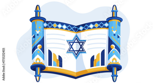 An open Torah scroll with a Star of David in blue and gold colors, representing Jewish culture and religion.