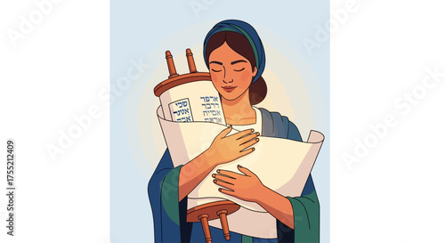 Illustration of a woman hugging a Torah scroll with Hebrew text, wearing a head covering and blue robe.