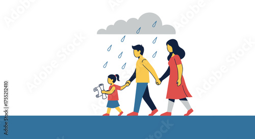 A family of three, a man, woman, and child, walk together holding hands under a personal rain cloud.