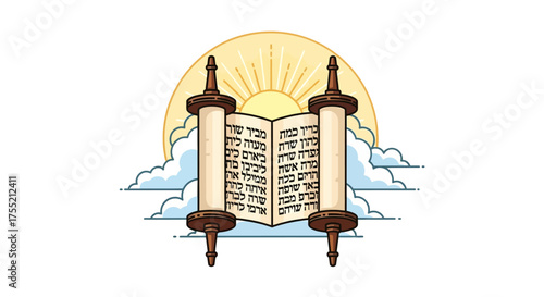 An open Torah scroll with Hebrew text set against a background of a rising sun and clouds.