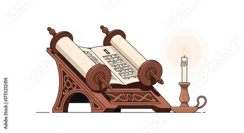 An illustrated Jewish Torah scroll unrolled on a decorative wooden stand beside a lit candle.