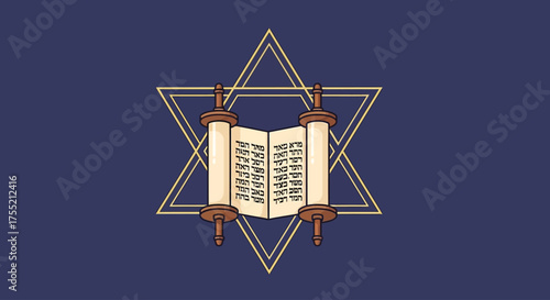 Illustration of an open Torah scroll in front of a Star of David.