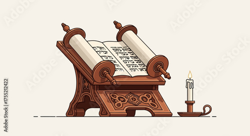 An illustration depicting an open Torah scroll on a wooden stand with a lit candle.