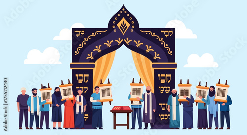 A vector illustration of a Jewish community celebrating a religious holiday, holding Torah scrolls under a large ornate archway.