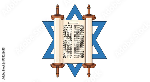 A scroll of the Torah is displayed in front of a Star of David, symbolizing Jewish heritage and religious texts.