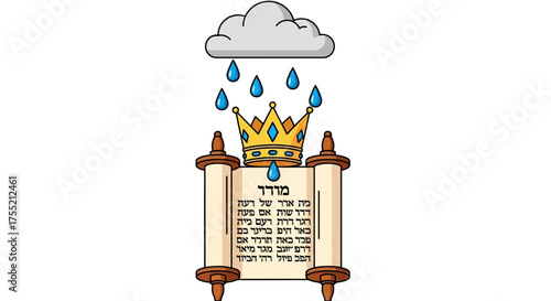 Torah scroll with a golden crown being rained on by a cloud, symbolizing divine blessing and wisdom.
