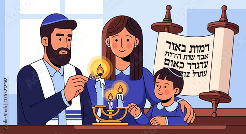 A Jewish family lights candles on Shabbat next to a Torah scroll, celebrating their religious traditions.