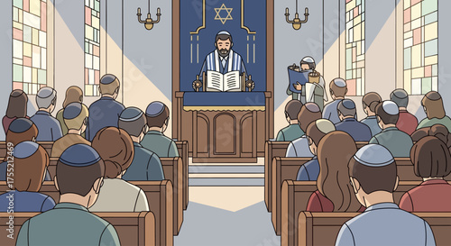 An illustration of a synagogue interior with people attending a religious service.