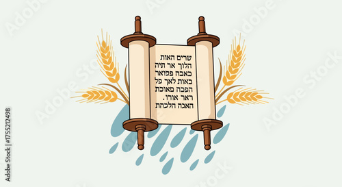 An illustration of a Torah scroll with Hebrew text, flanked by wheat stalks and water, symbolizing the Jewish holiday of Shavuot.