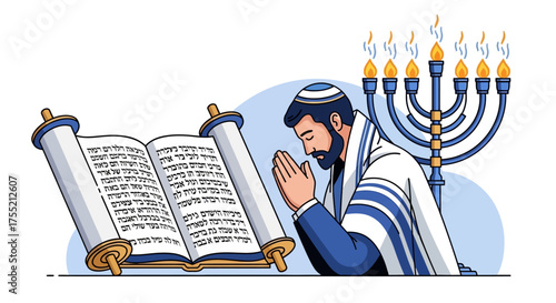 Jewish man praying with Torah scroll and menorah illustration.