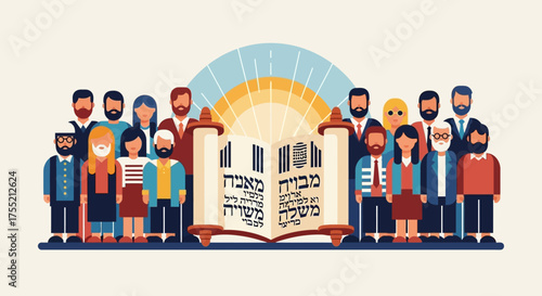 A diverse Jewish community of men and women gathered together around an open Torah scroll.