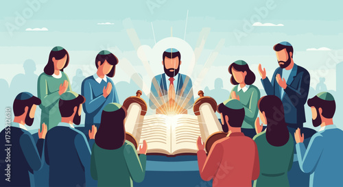 A diverse group of Jewish men and women gathered around an illuminated Torah scroll, participating in a religious ceremony or study session.