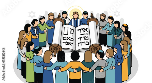 A diverse group of people of all ages and genders are gathered in a circle around a Torah scroll, symbolizing community and religious study.