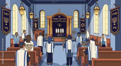 Illustration of a diverse Jewish congregation during a religious service inside a synagogue.
