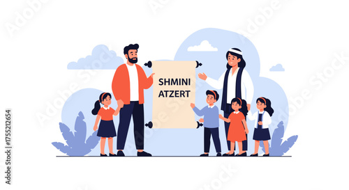 A family, including two adults and four children, celebrating the Jewish holiday of Shmini Atzert with a scroll.