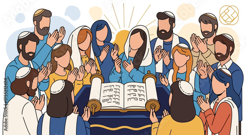Group of people reading from a Torah scroll in a synagogue.