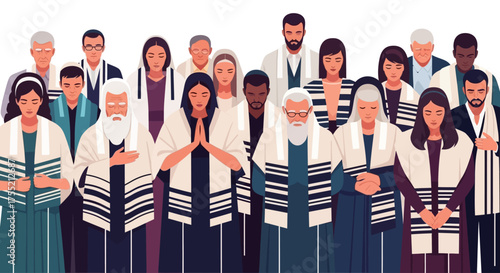 A diverse group of Jewish people wearing tallitot and kippot, gathered together in prayer or contemplation.