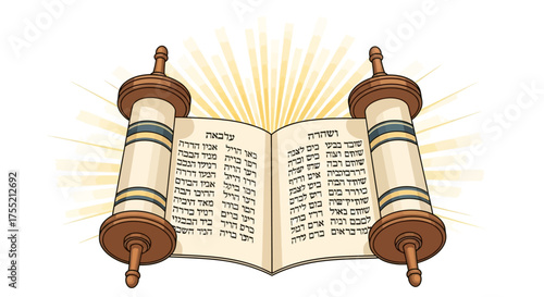 An open Torah scroll, a sacred Jewish religious text, with Hebrew scripture and radiant light beams in the background.