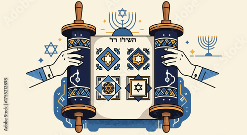Stylized illustration of hands holding a Torah scroll adorned with Jewish symbols like the Star of David and menorahs, representing religious tradition.