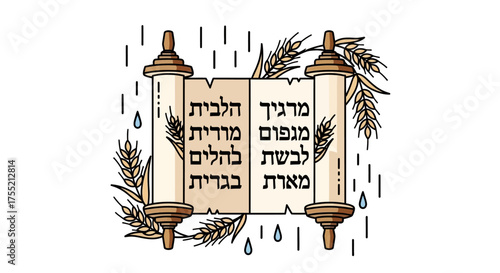 Illustration of a scroll with Hebrew text, wheat, and raindrops.
