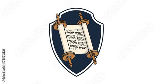 Illustration of a Torah scroll with Hebrew text on a shield background.