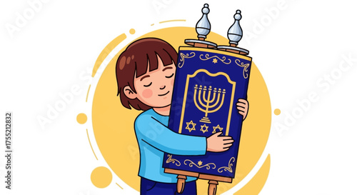A young person embraces a Torah scroll, symbolizing faith and religious devotion.