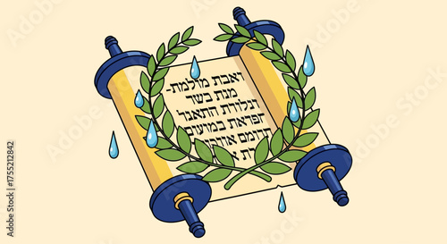A Torah scroll adorned with a laurel wreath and water droplets, symbolizing religious texts and blessings.