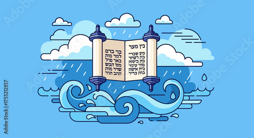 A cartoon illustration of a Torah scroll floating on blue waves under a cloudy sky with rain, depicting a religious or spiritual theme.