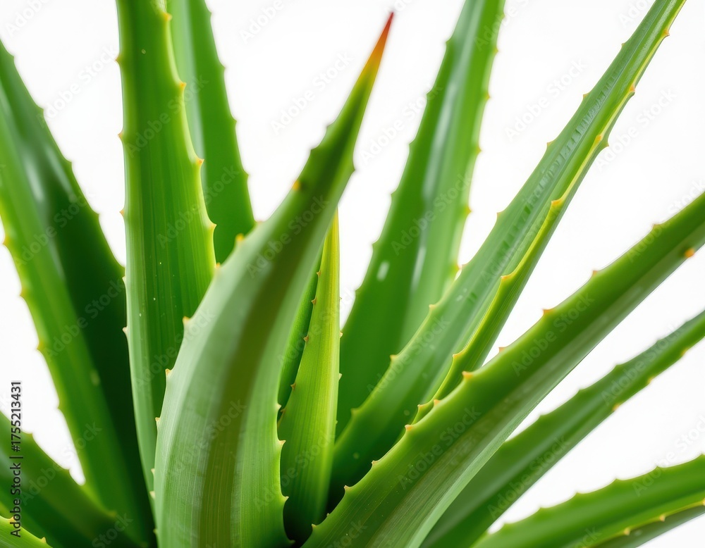 Fototapeta premium Lush green aloe vera plant isolated on a pure white background, showcasing its succulent leaves and vibrant color, nature, close-up, detailed