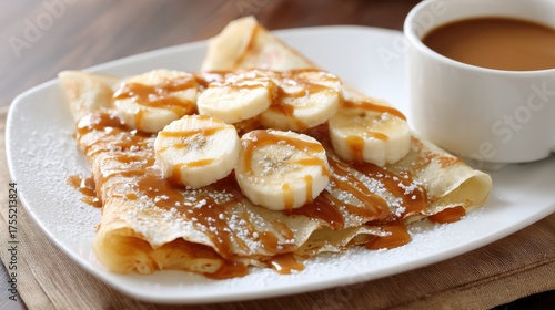 Wallpaper Mural Freshly made crepes filled with banana slices and drizzled with caramel served with coffee. Torontodigital.ca