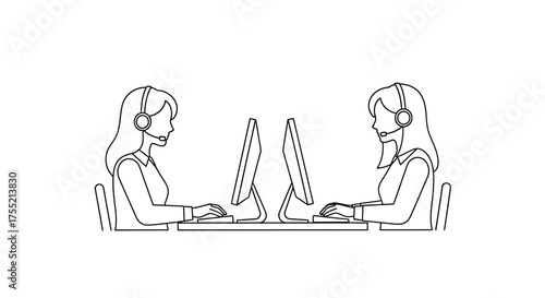 Two women wearing headsets and typing on computers in a minimalist line art style, isolated on white or transparent background. PNG