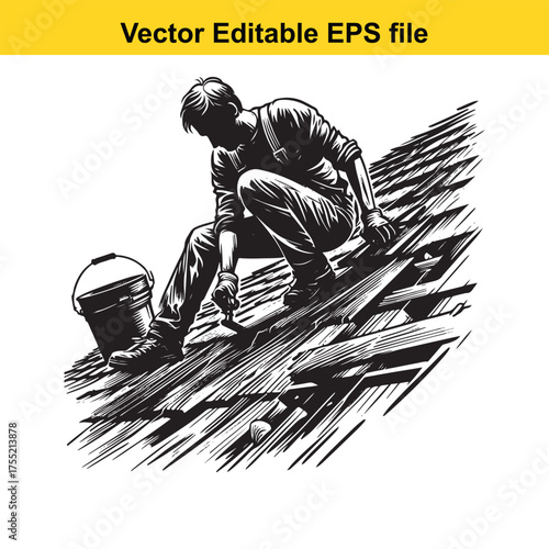 Vector art of black and white illustration of a roofer working on a dilapidated wooden roof with a bucket