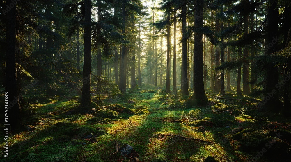 Naklejka premium Sunlit Forest Path with Moss Covered Ground and Tall Pine Trees