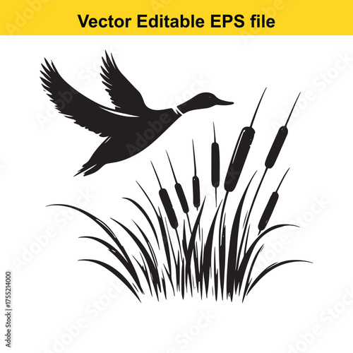 Vector art of black silhouette of a duck flying over reeds