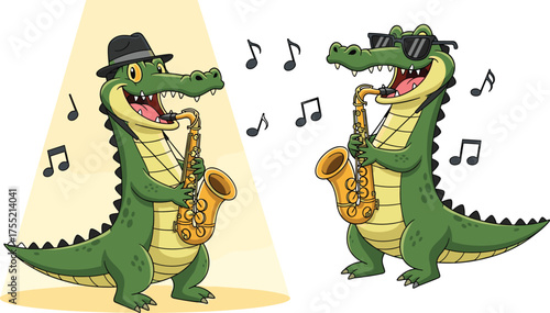 Cool Alligators Playing Saxophone Cartoon Illustration