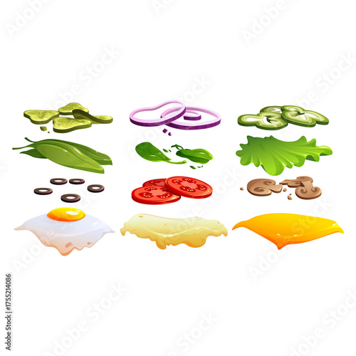 Ingredients for a gourmet burger assembly laid out in a clean, organized pattern, ready for creation