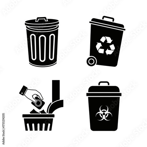 Waste Disposal Icon Set Featuring Trash and Recycling Bins  
