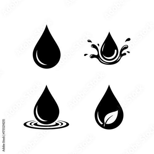 Water Drop Icon Set - Minimalist Black Elements on White Background  