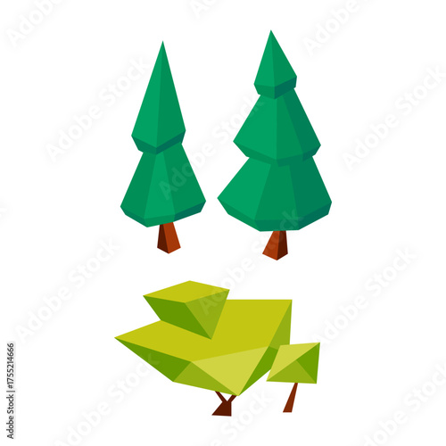 Two geometric stylized pine trees and abstract shrubbery on a white background, low poly art