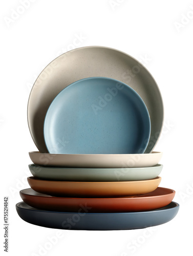 A stylish, vertical stack of modern ceramic plates in a warm, varied color palette. Ideal for showcasing product collections, home decor, or e-commerce bundles.